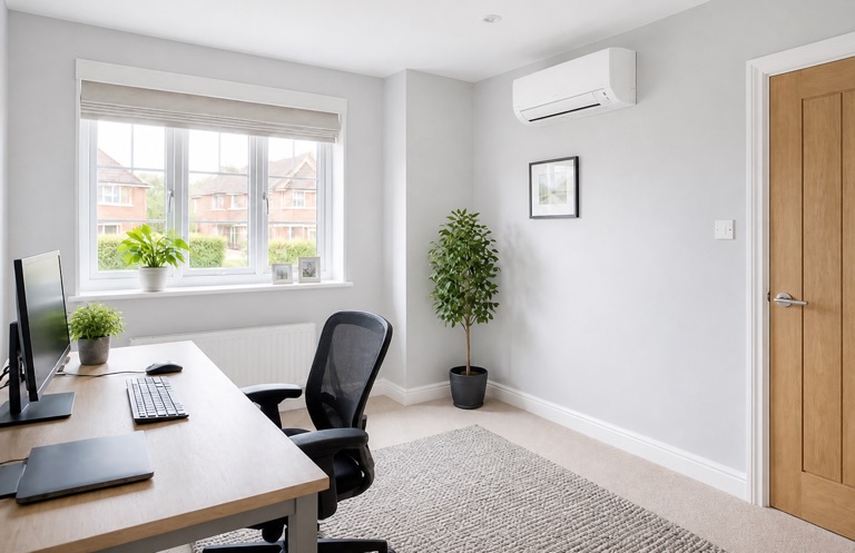 Bright home office air conditioning installed away from the desk for comfortable year-round heating and cooling